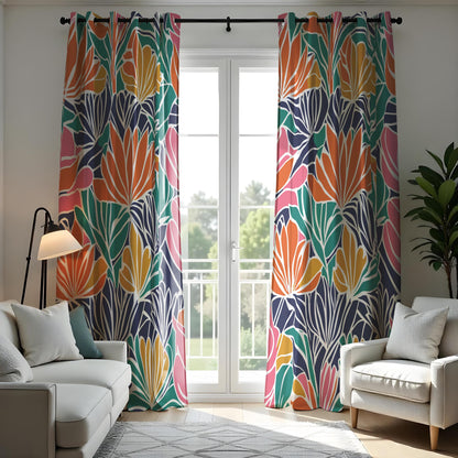 Colorful Tropical Leaf Curtains, Bold Floral Print Drapes