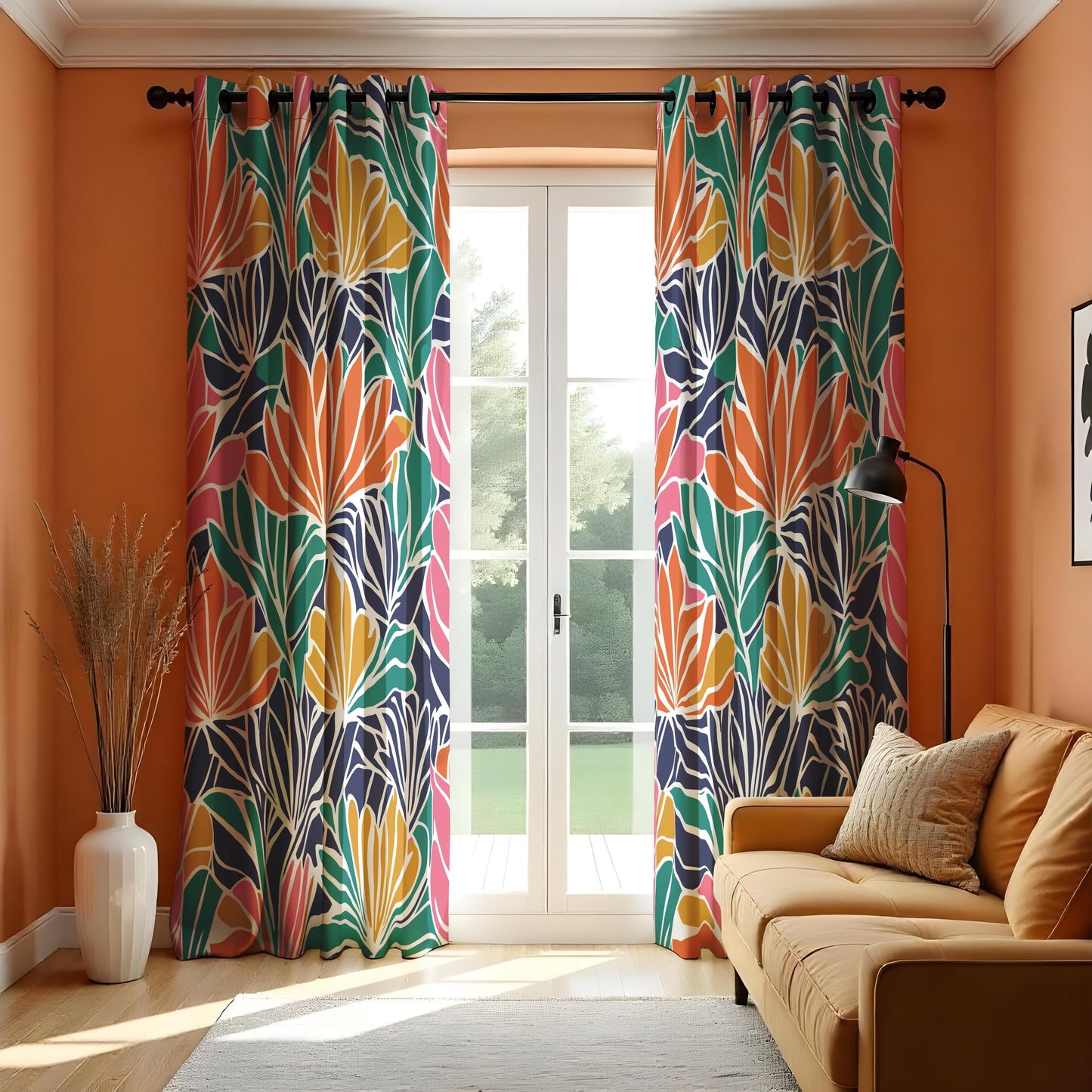 Colorful Tropical Leaf Curtains, Bold Floral Print Drapes
