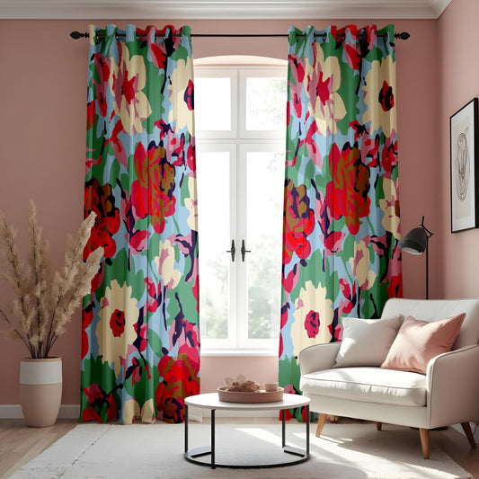 Abstract Watercolor Floral Curtains, Vibrant Multicolor Peony Drapes