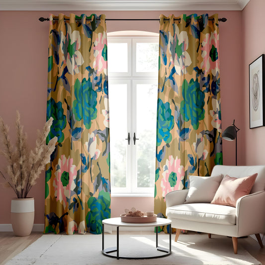 Abstract Floral Curtains, Earthy Tones&Teal Watercolor Peony Drapes