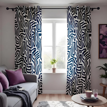 Modern Abstract Maze Curtains, Navy Blue & White Geometric Drapes