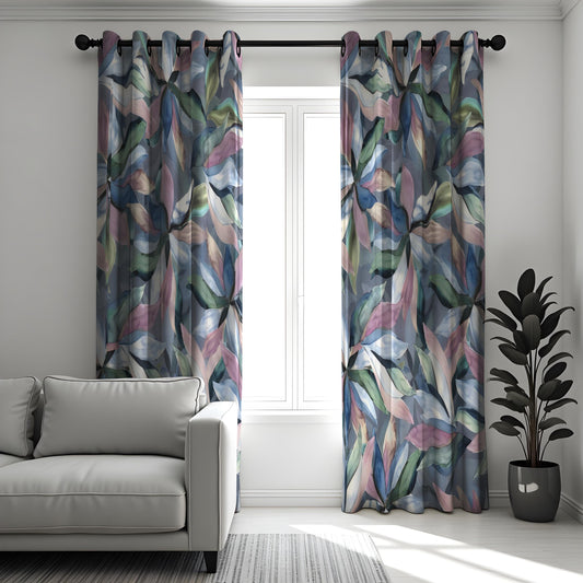 Watercolor Botanical Leaf Curtains, Soft Blue & Pastel Floral Drapes