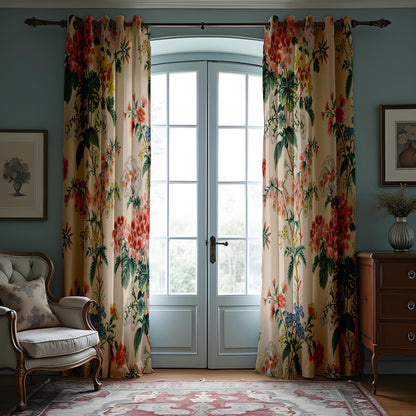 Classic Tropical Floral Curtains, Beige & Botanical Print Drapes