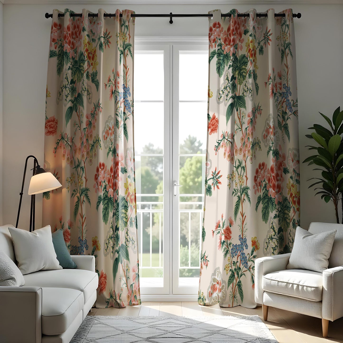 Classic Tropical Floral Curtains, Beige & Botanical Print Drapes