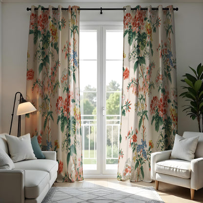 Classic Tropical Floral Curtains, Beige & Botanical Print Drapes