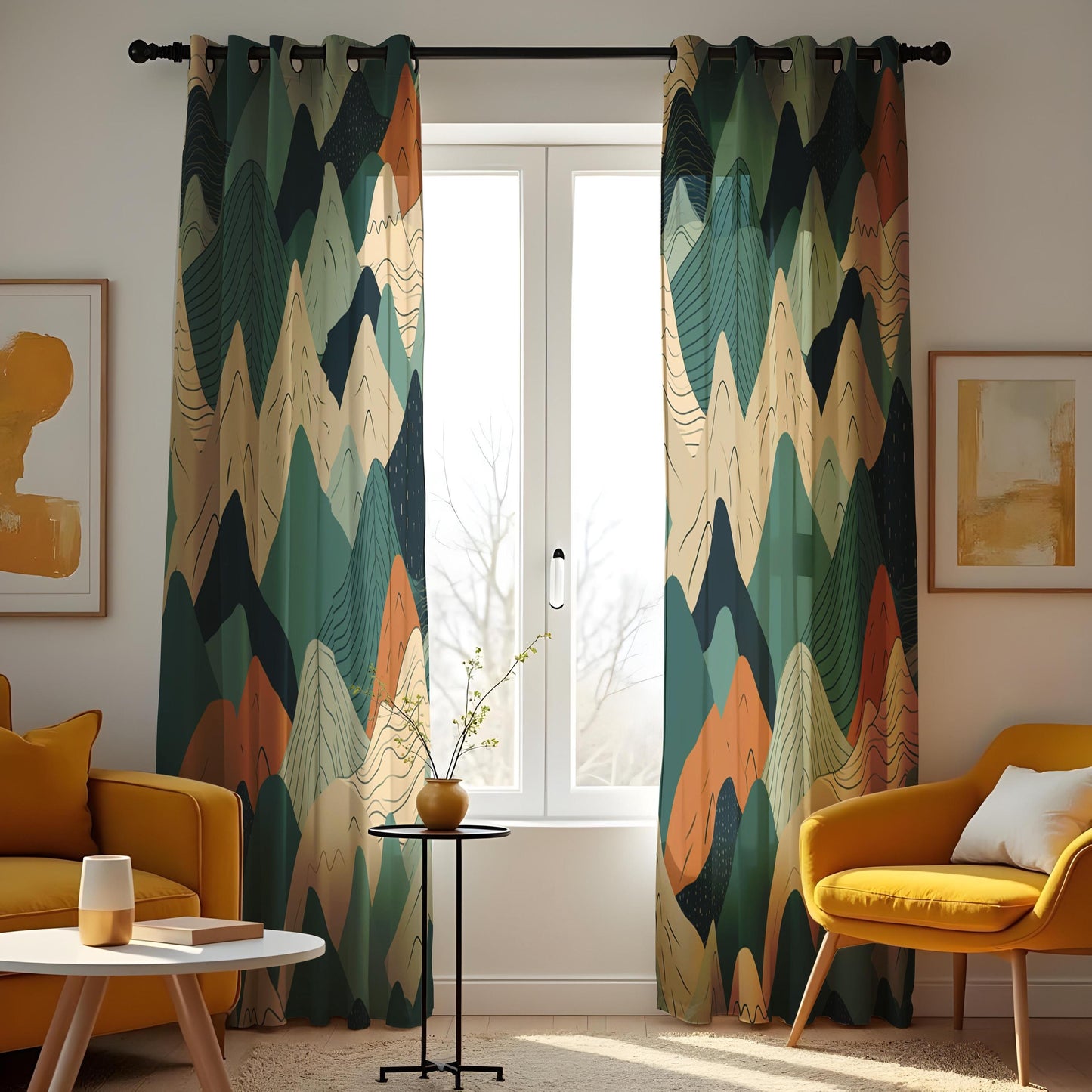 Abstract Mountain Landscape Curtains, Green & Terracotta Scenic Drapes