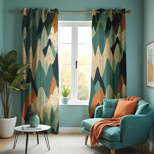 Abstract Mountain Landscape Curtains, Green & Terracotta Scenic Drapes