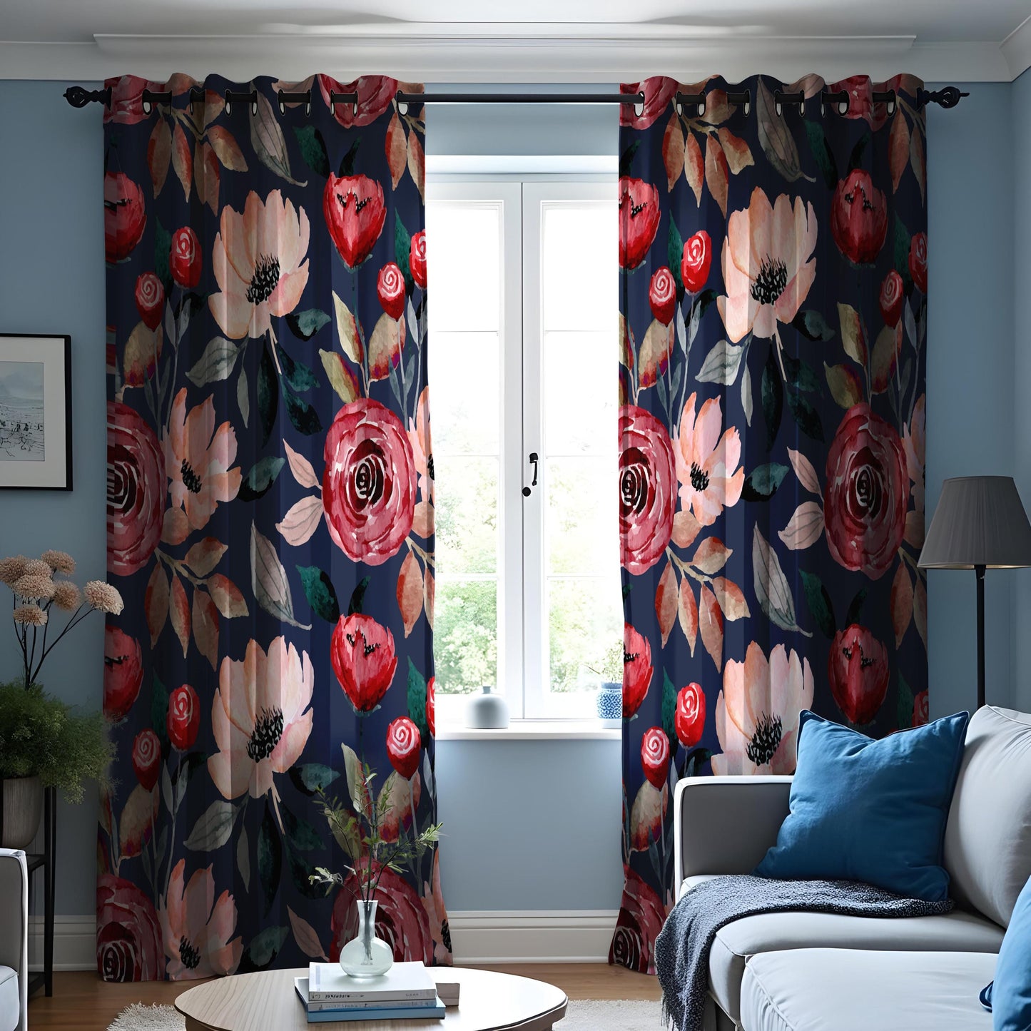 Watercolor Floral Curtains, Navy Blue & Red Romantic Rose Print Drapes