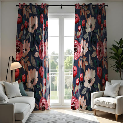Watercolor Floral Curtains, Navy Blue & Red Romantic Rose Print Drapes