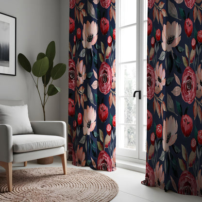 Watercolor Floral Curtains, Navy Blue & Red Romantic Rose Print Drapes