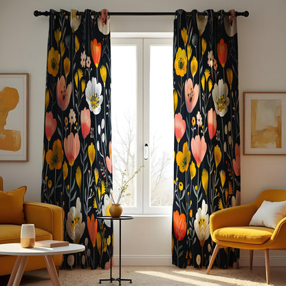 Dark Boho Floral Eyelet Curtains, Navy Blue & Yellow Wildflower Drapes
