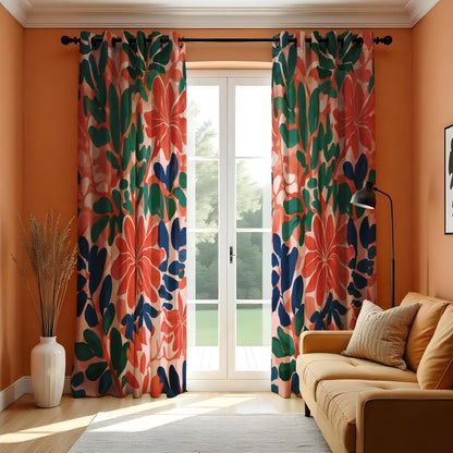Bold Tropical Floral Curtains, Vibrant  Botanical Print Drapes