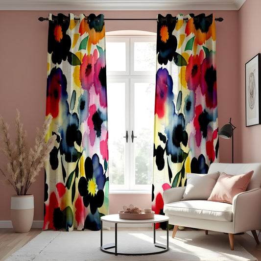 Vibrant Floral Watercolor Curtain, Abstract Floral Drape