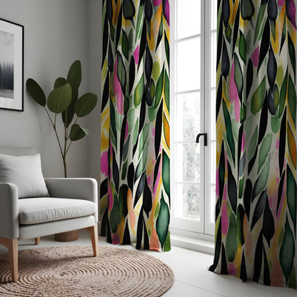 Colorful Abstract Leaf Print Curtain,  Green & Pink Watercolor Design