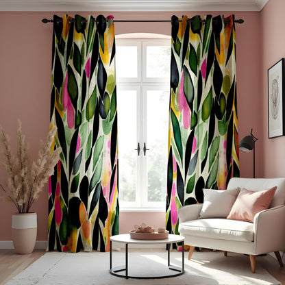 Colorful Abstract Leaf Print Curtain,  Green & Pink Watercolor Design