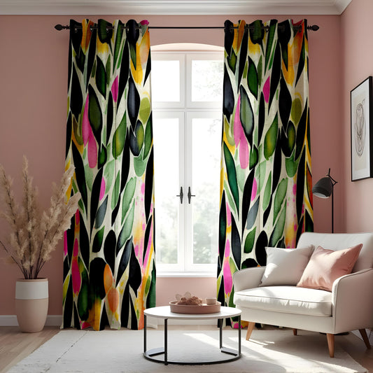 Colorful Abstract Leaf Print Curtain,  Green & Pink Watercolor Design