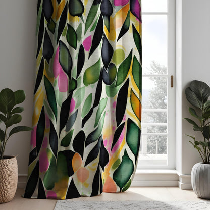 Colorful Abstract Leaf Print Curtain,  Green & Pink Watercolor Design