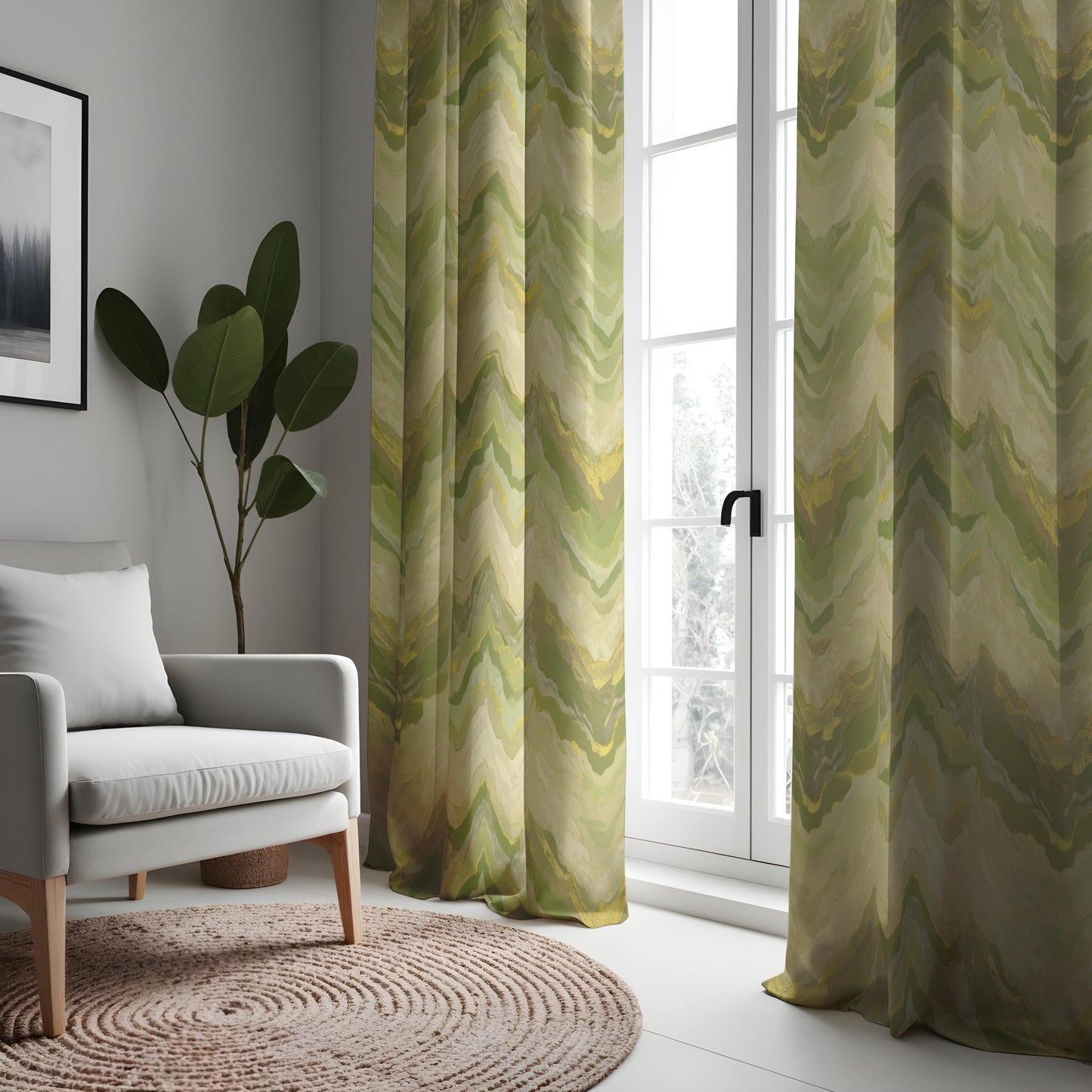 Soft Green Marble Print Curtain, Abstract Wavy Drape Yellow Accents