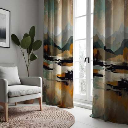 Abstract Mountain Landscape Curtain, Earthy Tones Watercolor Drape