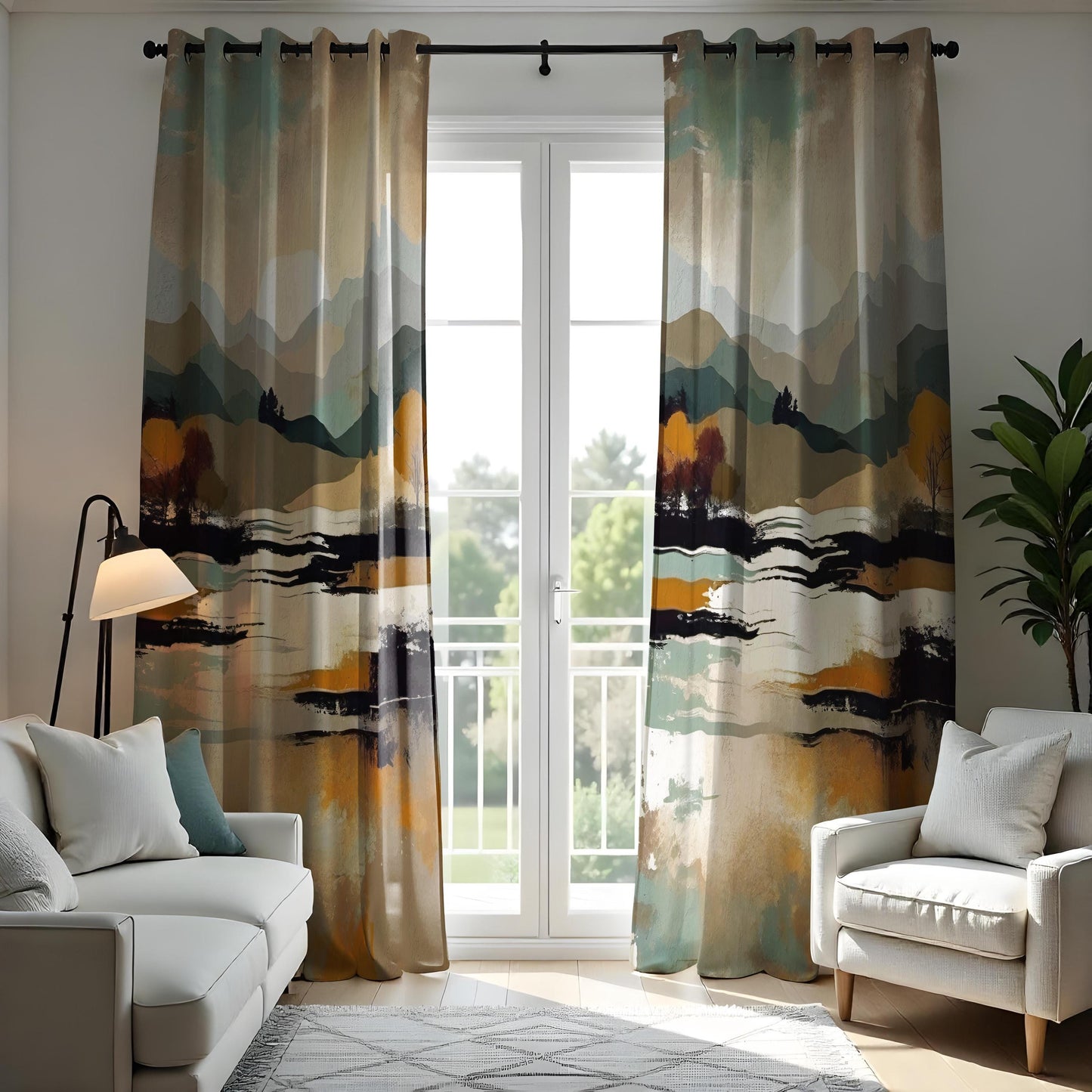 Abstract Mountain Landscape Curtain, Earthy Tones Watercolor Drape
