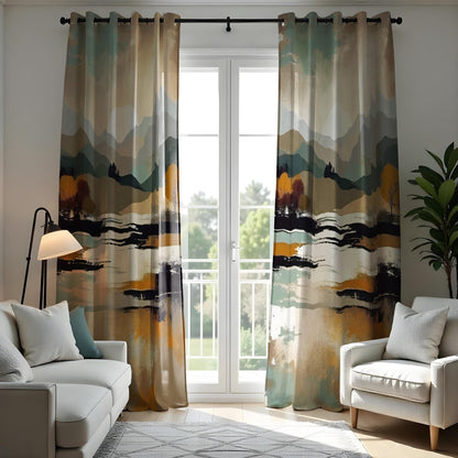 Abstract Mountain Landscape Curtain, Earthy Tones Watercolor Drape