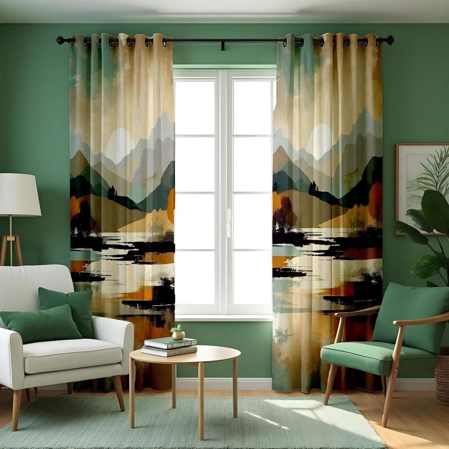 Abstract Mountain Landscape Curtain, Earthy Tones Watercolor Drape