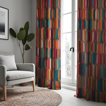 Colorful Abstract Geometric Curtain, Bold Retro Pattern Drape