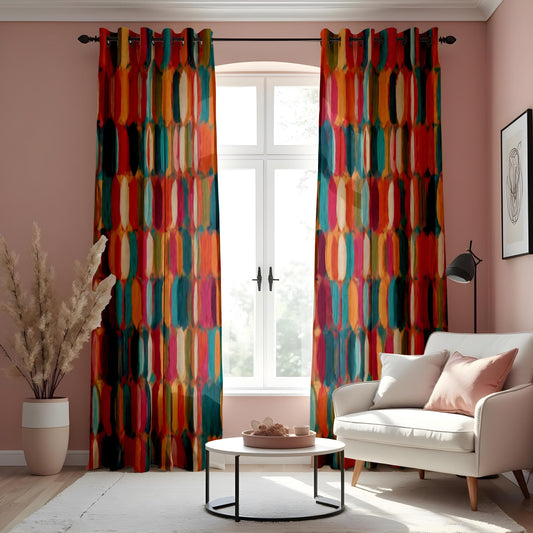 Colorful Abstract Geometric Curtain, Bold Retro Pattern Drape