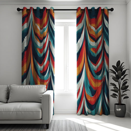 Bold Colorful Abstract Wave Curtain, Vibrant Red, Blue & Orange Drape