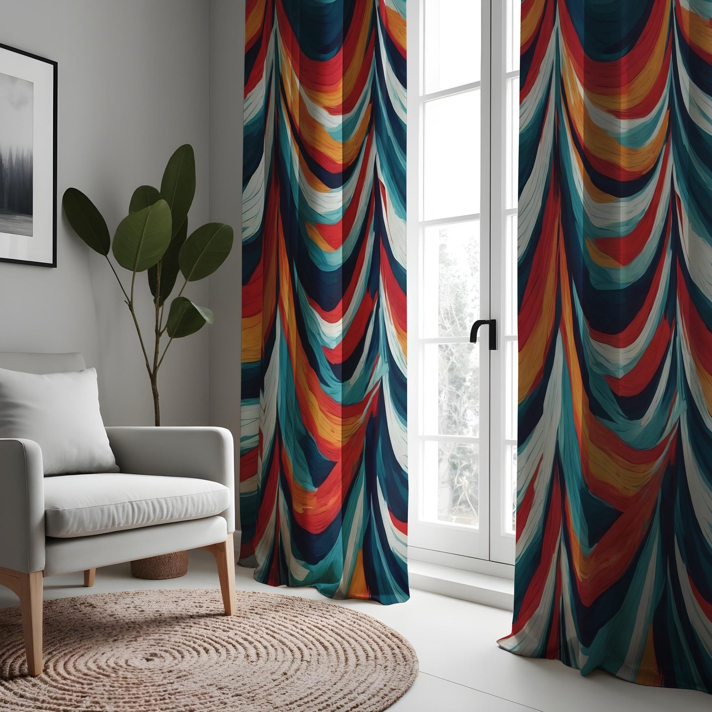 Bold Colorful Abstract Wave Curtain, Vibrant Red, Blue & Orange Drape