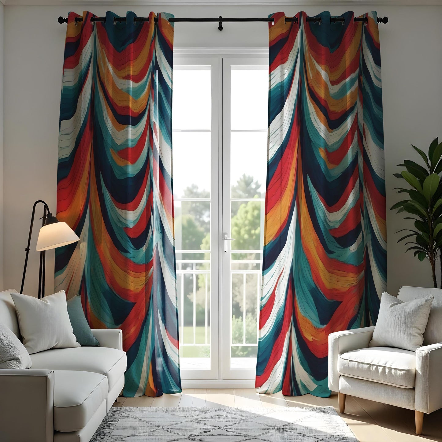Bold Colorful Abstract Wave Curtain, Vibrant Red, Blue & Orange Drape