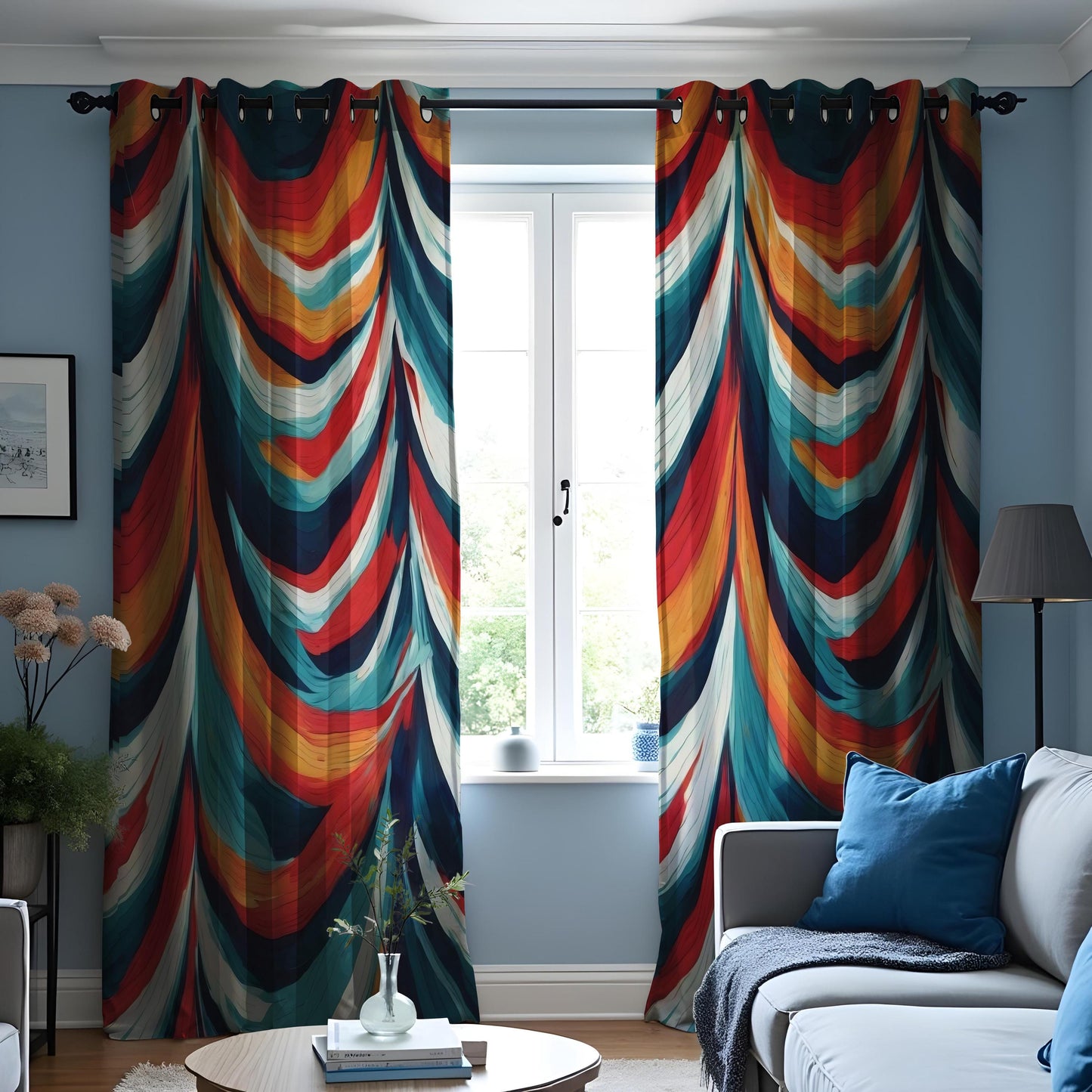 Bold Colorful Abstract Wave Curtain, Vibrant Red, Blue & Orange Drape