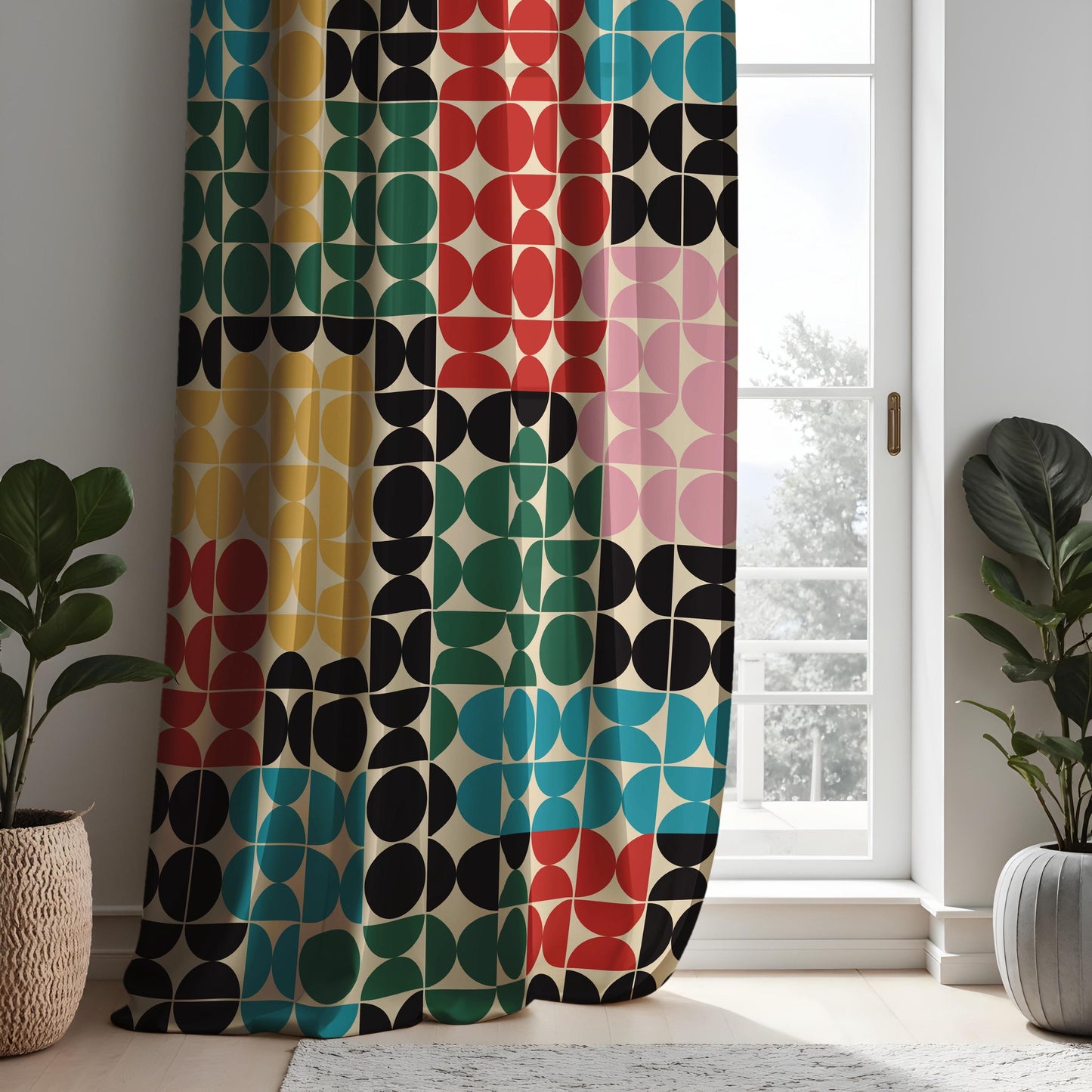 Colorful Geometric Circle Pattern Curtain, Bold Retro Abstract Drape