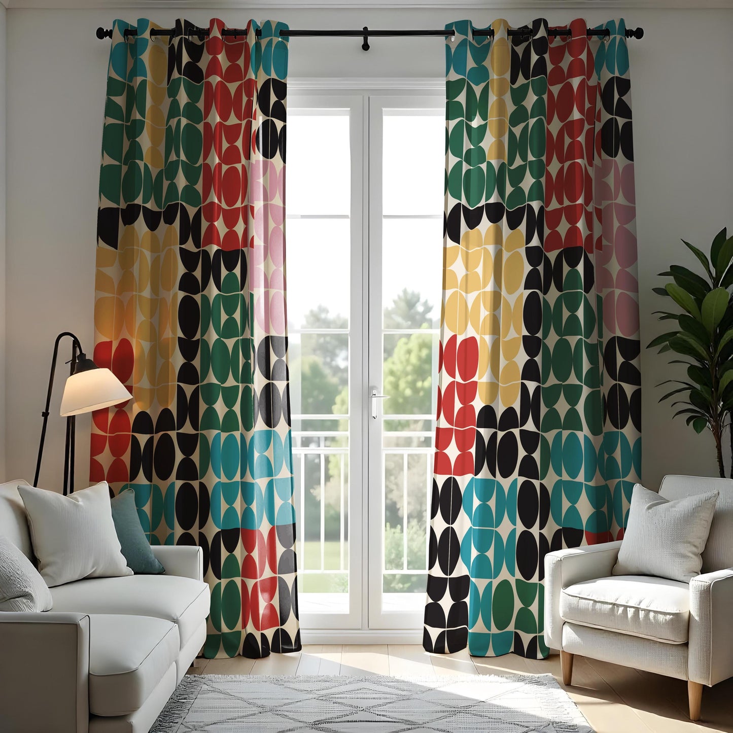 Colorful Geometric Circle Pattern Curtain, Bold Retro Abstract Drape