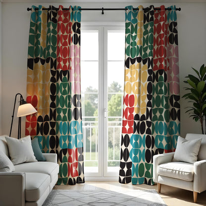 Colorful Geometric Circle Pattern Curtain, Bold Retro Abstract Drape
