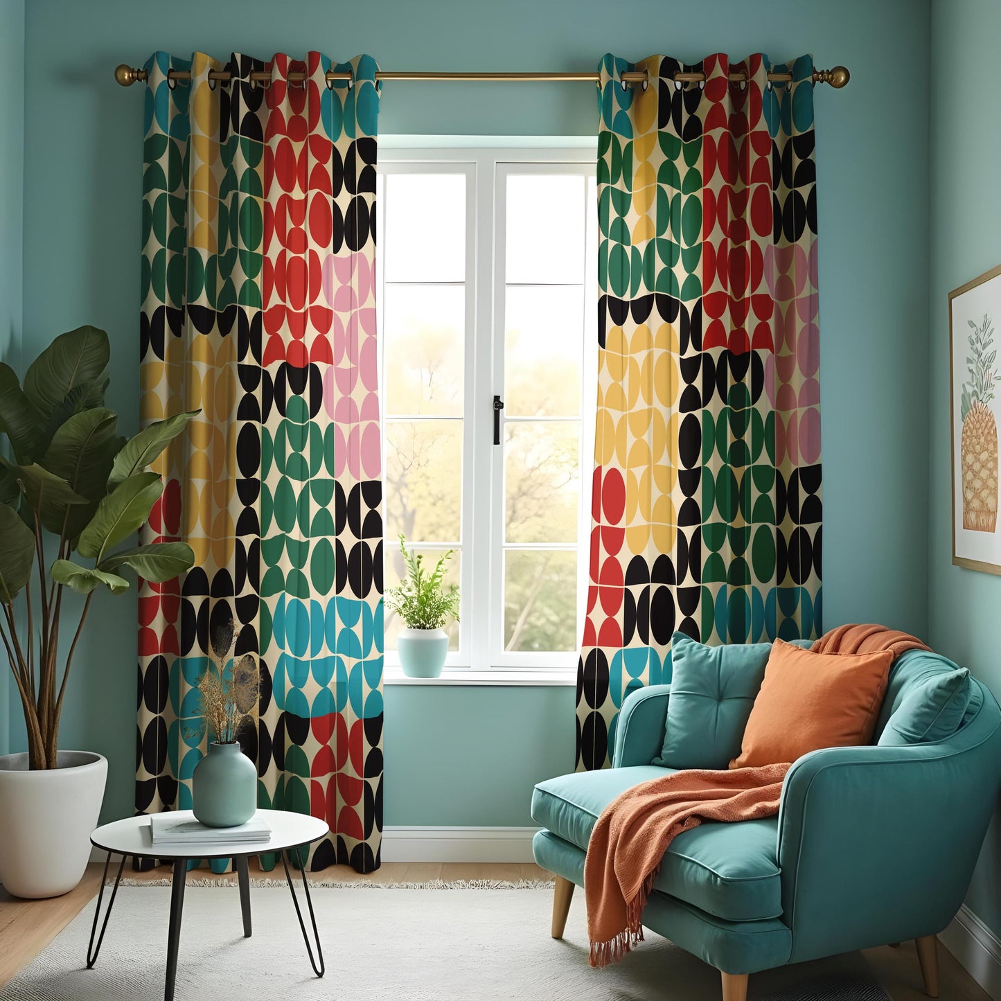 Colorful Geometric Circle Pattern Curtain, Bold Retro Abstract Drape
