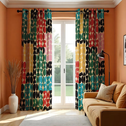 Colorful Geometric Circle Pattern Curtain, Bold Retro Abstract Drape