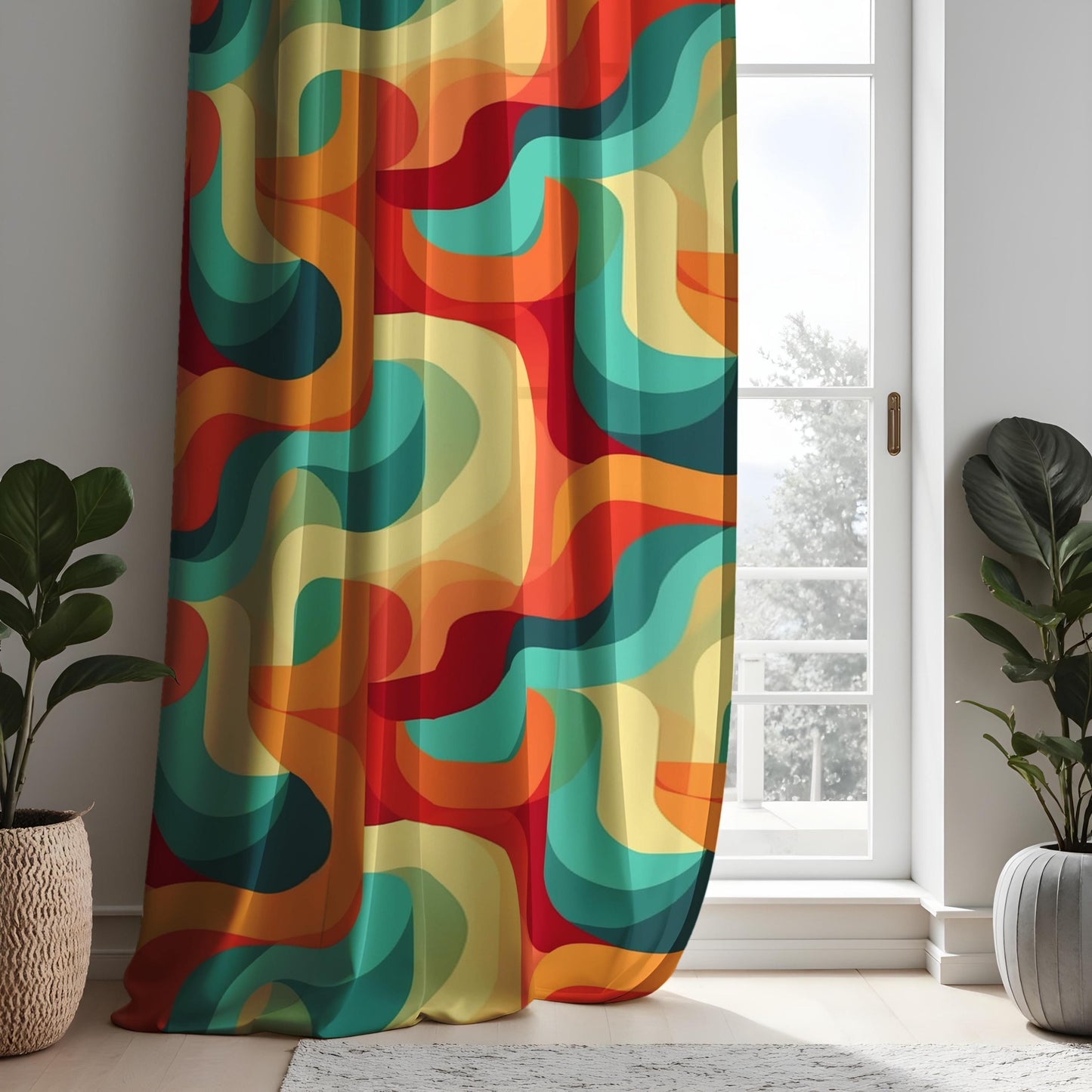 Retro Abstract Wavy Pattern Curtain, Bold Red, Blue, and Yellow Drapes
