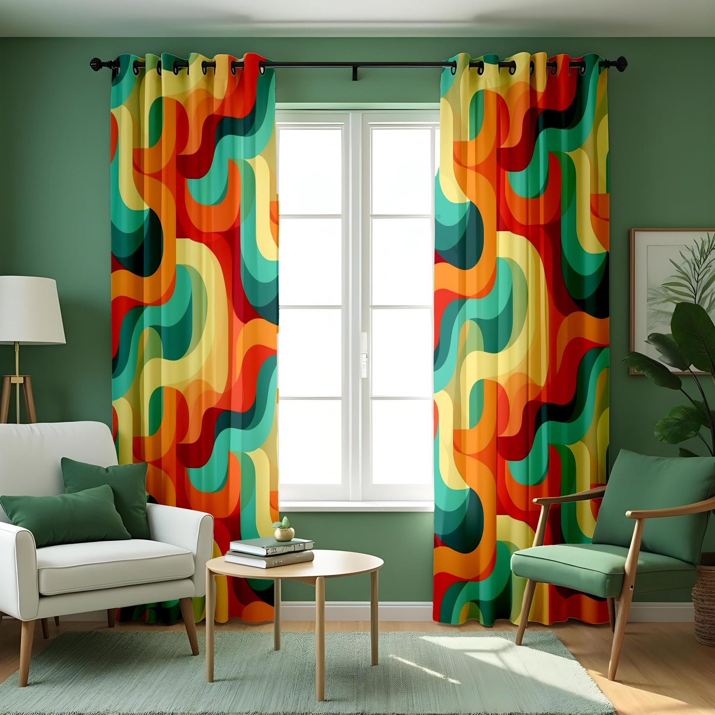 Retro Abstract Wavy Pattern Curtain, Bold Red, Blue, and Yellow Drapes