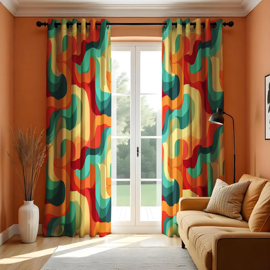 Retro Abstract Wavy Pattern Curtain, Bold Red, Blue, and Yellow Drapes