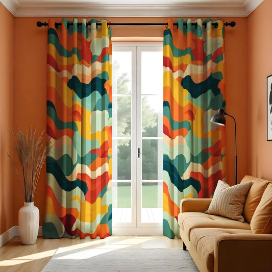 Colorful Abstract Wave Curtain, Bold Orange, Yellow, Blue & Green