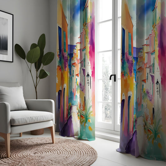 Vibrant Coastal Village Watercolor Curtains, Colorful Italian Town