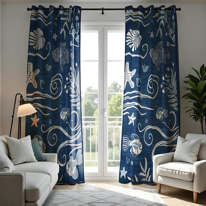 Ocean Themed Curtains, Fish and Shells Nautical Drapes