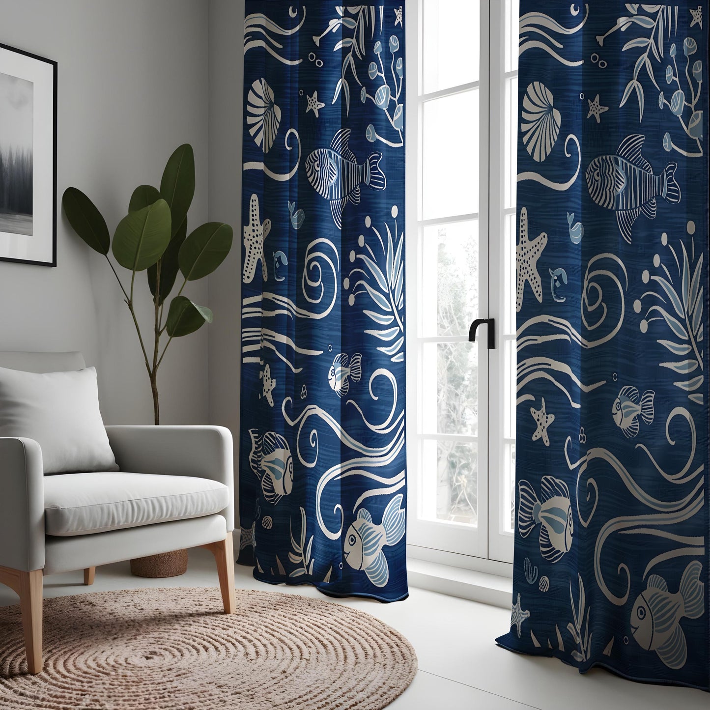 Ocean Themed Curtains, Fish and Shells Nautical Drapes