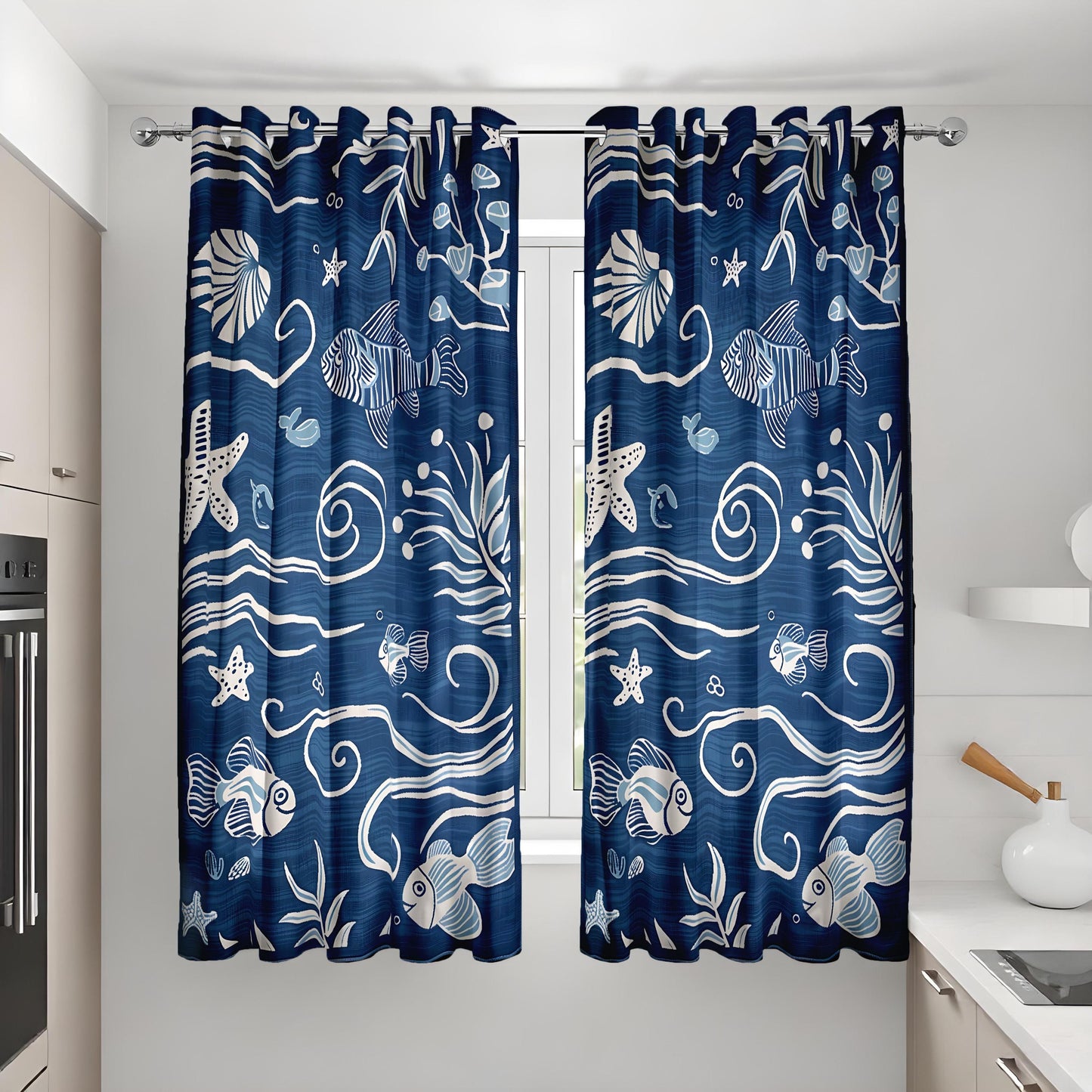 Ocean Themed Curtains, Fish and Shells Nautical Drapes