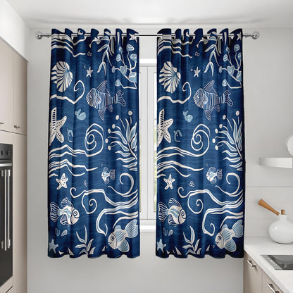 Ocean Themed Curtains, Fish and Shells Nautical Drapes