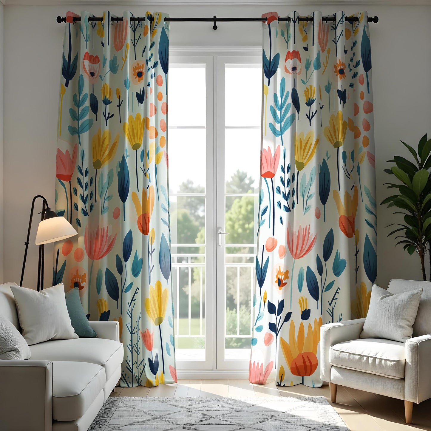 Colorful Floral Curtains, Modern Botanical Drapes