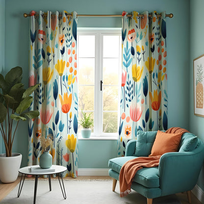 Colorful Floral Curtains, Modern Botanical Drapes