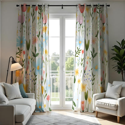 Bright Floral Pattern Curtain, Colorful Flowers Drape Green Leaves