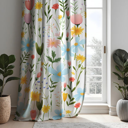 Bright Floral Pattern Curtain, Colorful Flowers Drape Green Leaves